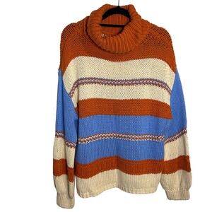 Chunky Knit Striped Turtleneck Sweater Orange Blue Cream Oversized Size S